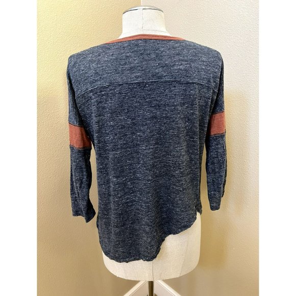 Madewell Women's T-Shirt Linen Round Neck Blue Brown 3/4 Sleeve Size Small - Picture 3 of 4